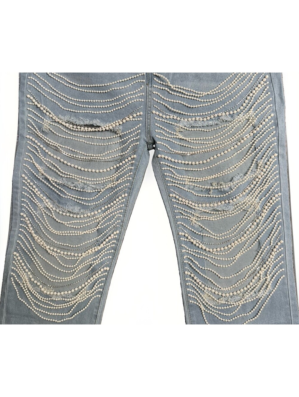 SHEIN Women’s Light Wash Distressed Beaded Bling Chains Denim Straight Jeans XXL